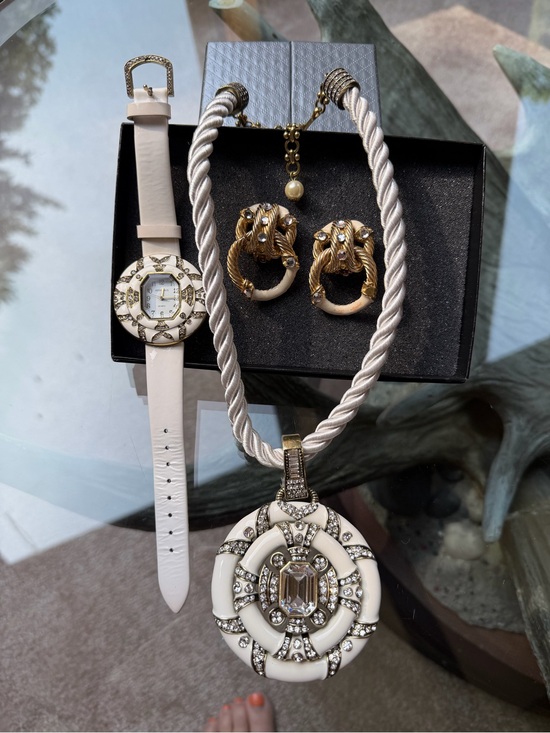 Jewelry - Heidi Daus RARE Newport Chic Grande White Enamel Necklace Earrings Watch Set Lot